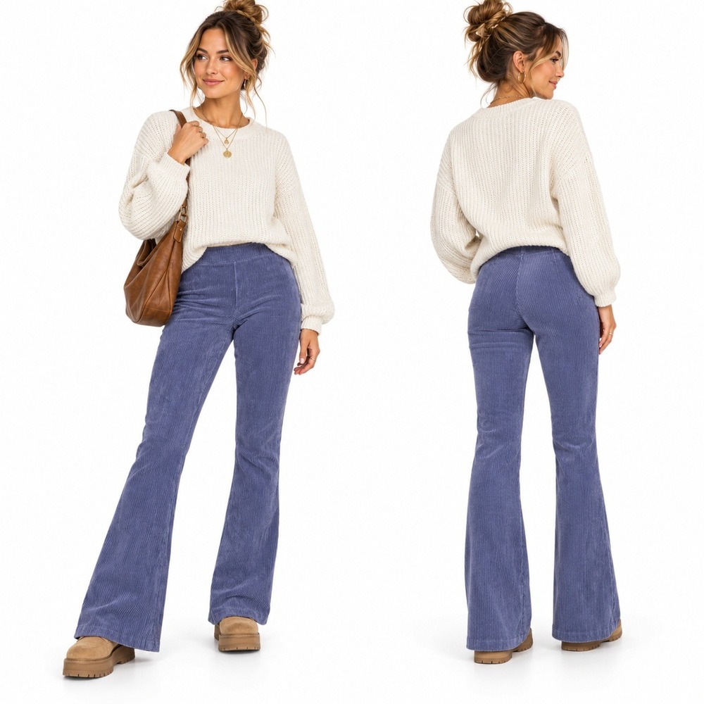 Aerie Corduroy Pants Women M Blue Flare High Waisted Retro Boho Lightweight